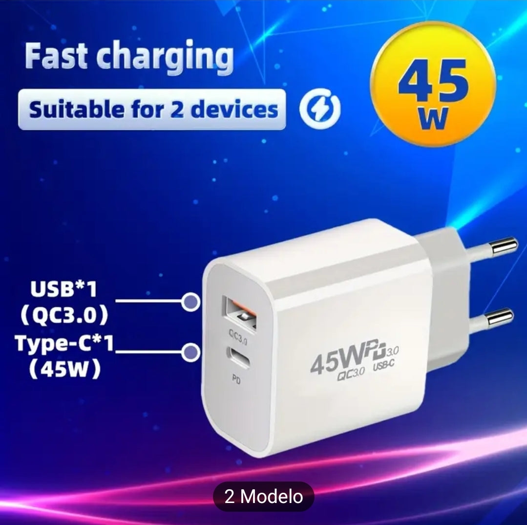 Cargador Rápido 45W con Cable | Doble Puerto USB QC3.0 + Type-C PD | Enchufe Europeo