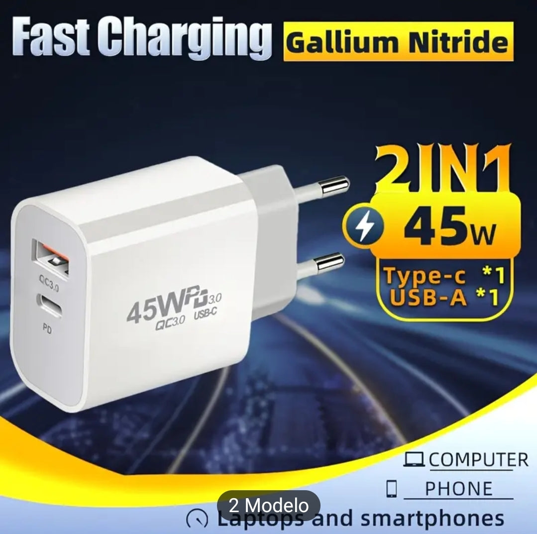 Cargador Rápido 45W con Cable | Doble Puerto USB QC3.0 + Type-C PD | Enchufe Europeo