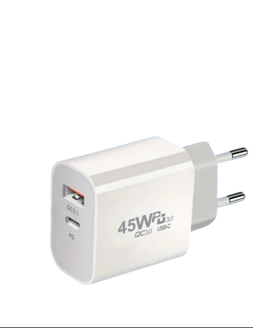 Cargador Rápido 45W con Cable | Doble Puerto USB QC3.0 + Type-C PD | Enchufe Europeo