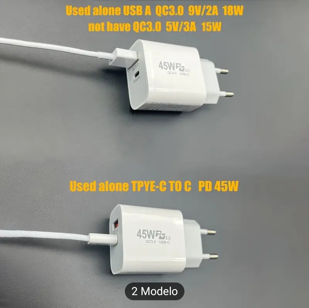 Cargador Rápido 45W con Cable | Doble Puerto USB QC3.0 + Type-C PD | Enchufe Europeo