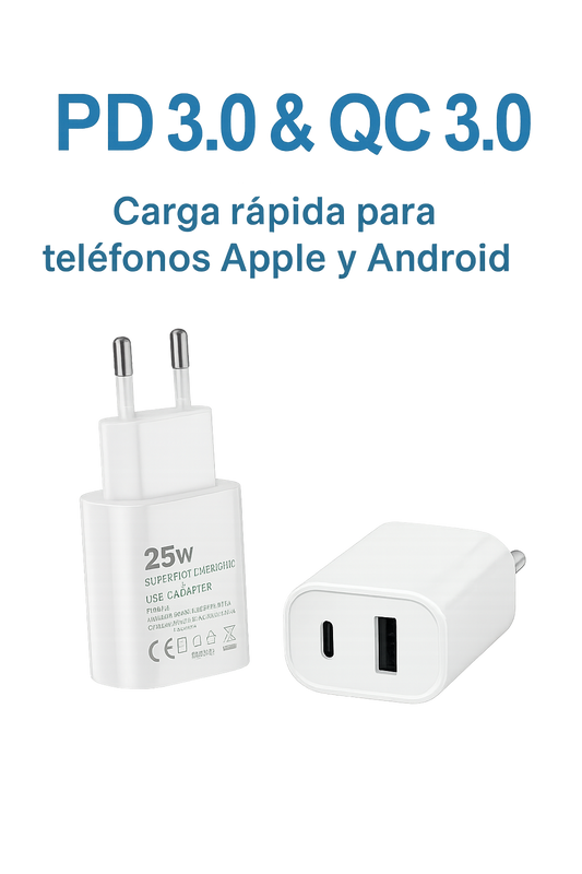 Cargador Rápido de 25W con USB-A + USB-C – Blanco